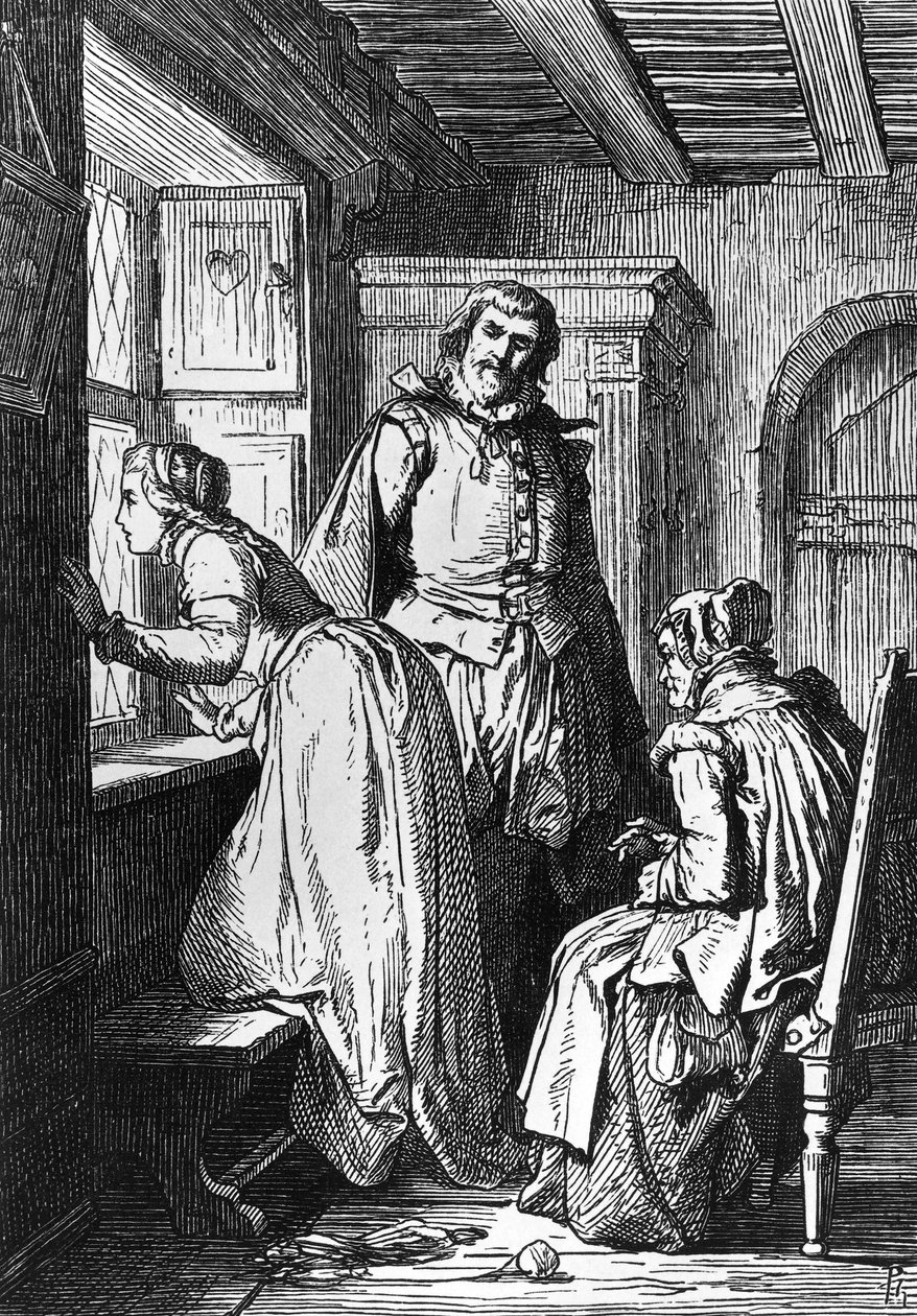 Klaerchen venter på Egmont, illustrasjon for Egmont, tragedie av Johann Wolfgang von Goethe (1749-1832), tresnitt etter tegning av Ferdinand Rothbart (1823-1899) av Ferdinand Rothbart