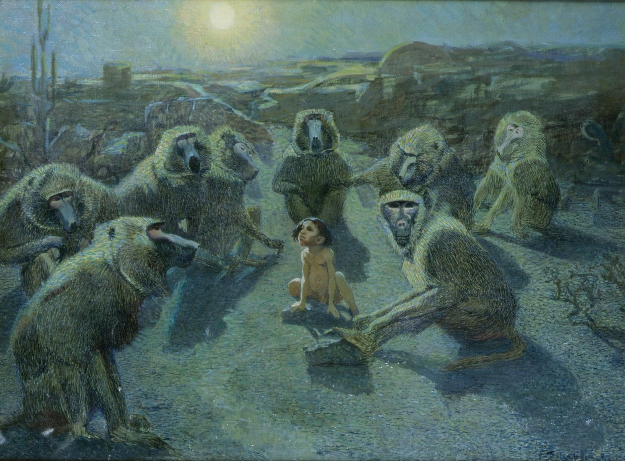 Mowgli fanget av aper (olje og blekk på lerret) av Ferdinand Schebek
