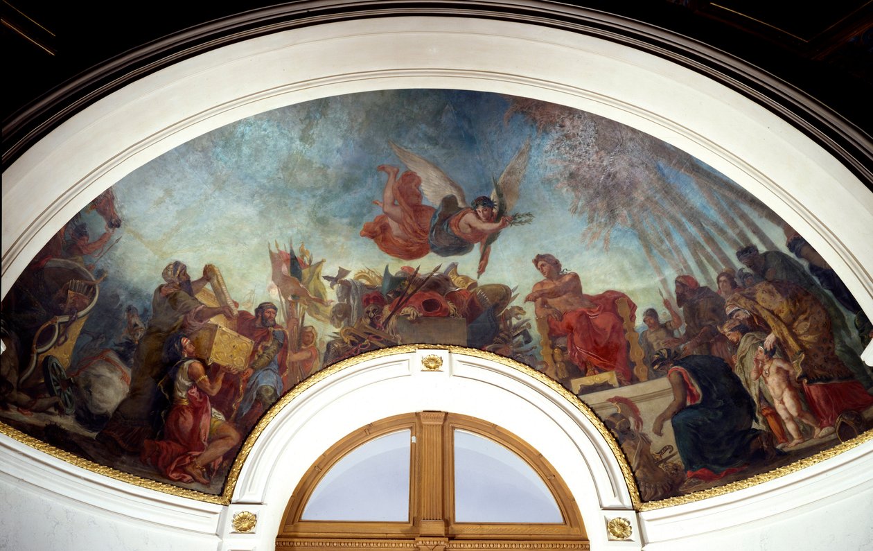 Alexander den store (356-323 f.Kr.) lager Homeres verk innelåst i en gullkassett. Cupola av Senat-biblioteket i Palais du Luxembourg, Paris. Maleri av Eugene Delacroix (1798-1863) av Ferdinand Victor Eugene Delacroix
