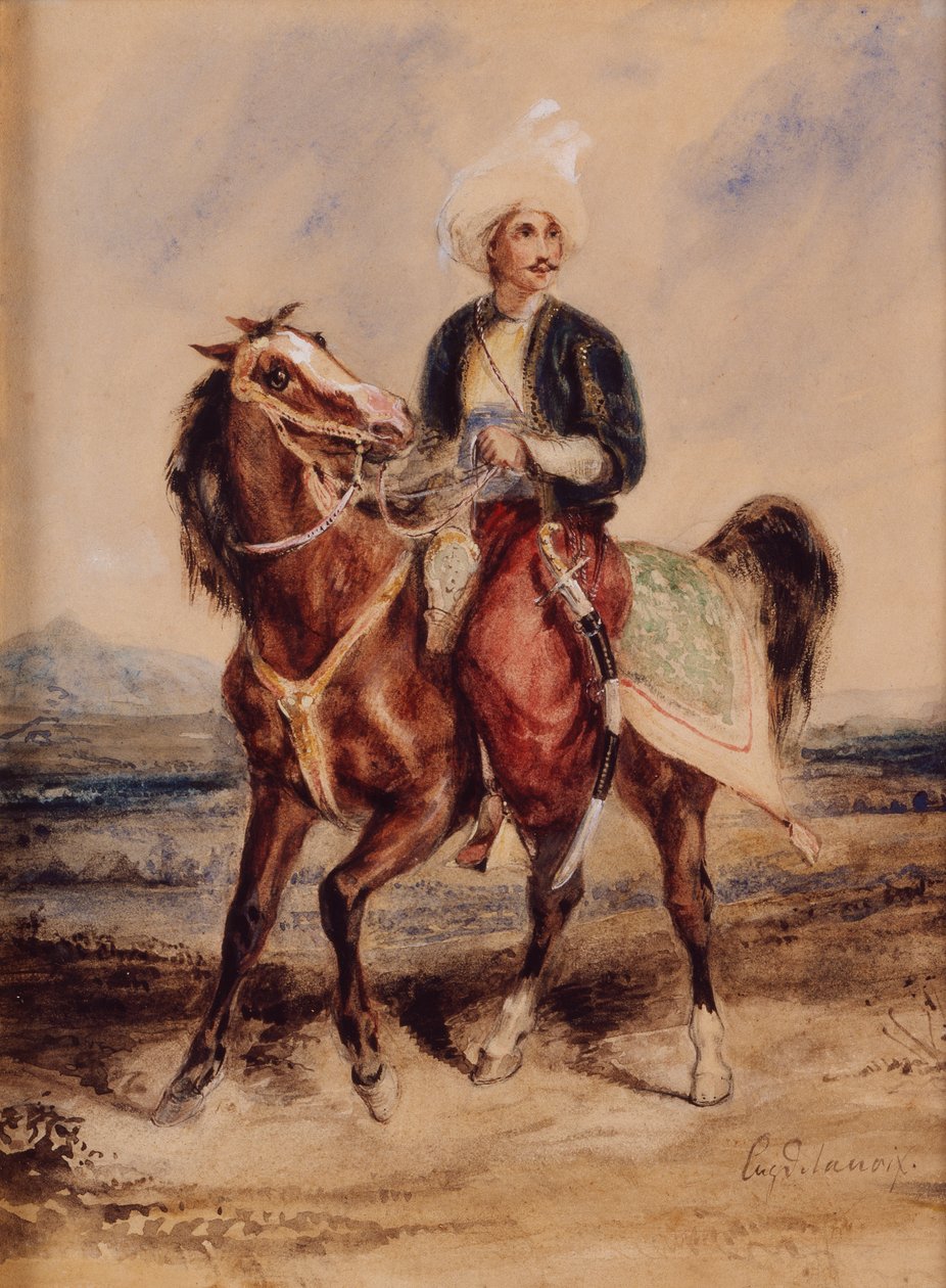 En arabisk kriger til hest i et landskap (akvarell på papir) av Ferdinand Victor Eugene Delacroix