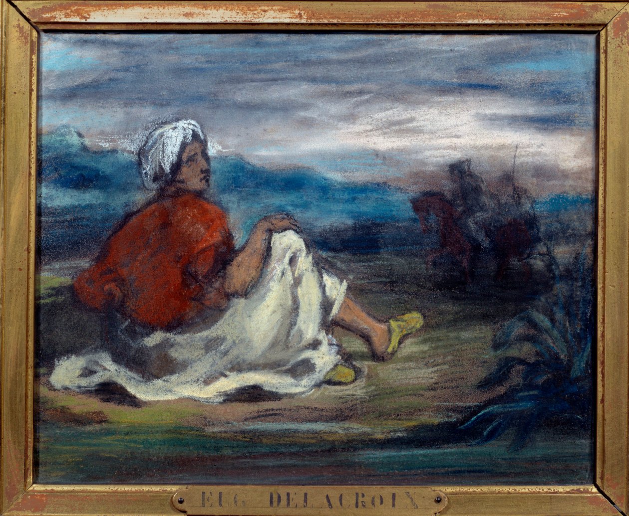 En araber som sitter på landsbygda på kanten av en vei Pastellmaleri av Eugene Delacroix (1798-1863) Privatsamling fra 1800-tallet av Ferdinand Victor Eugene Delacroix