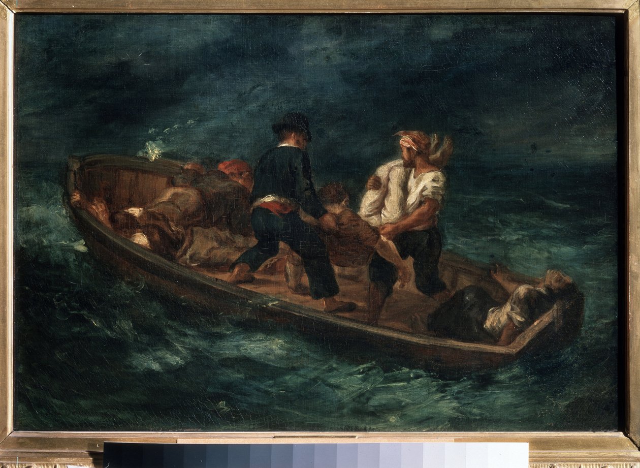 «Etter et forlis» (også kalt «Forlatte skipsvrak i en kano») Overlevende etter et forlis på en flåte. Maleri av Eugene Delacroix (1798-1863) 1847 Pushkin Museum of Fine Arts, Moskva av Ferdinand Victor Eugene Delacroix