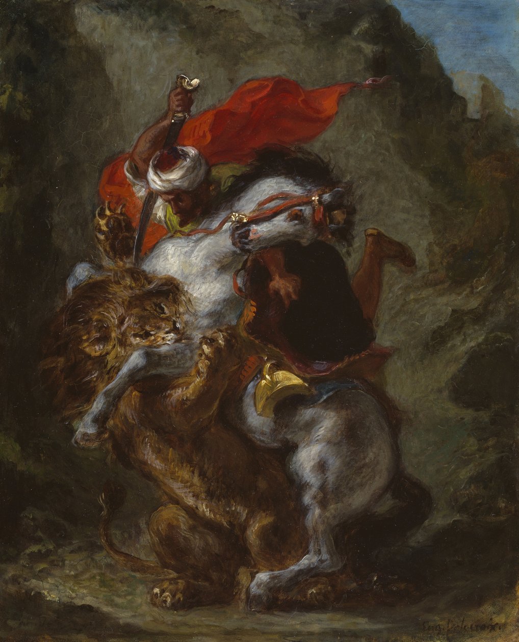 Arabisk rytter angrepet av en løve, 1849-50 av Ferdinand Victor Eugene Delacroix