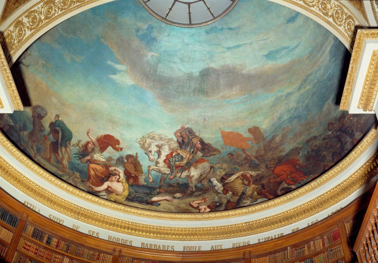 Attila (395-453) sjef for Huns-stammen, etterfulgt av hans barbariske horder overfylte Italia i 452 Fresco av Eugene Delacroix (1798-1863) som dekorerte kuppelen til nasjonalforsamlingens bibliotek (Palais Bourbon) 1843 Paris av Ferdinand Victor Eugene Delacroix
