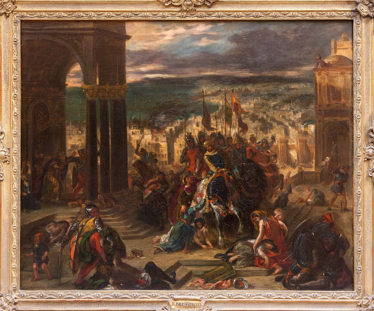 Capture of Constantinople by the Croises, Maleri av Eugene Delacroix (1798-1863), som viser den historiske begivenheten 12. april 1204, under det 4. korstoget, redusert versjon og variant av maleriet av Salongen fra 1841, bestilt av Louis Philippe for av Ferdinand Victor Eugene Delacroix