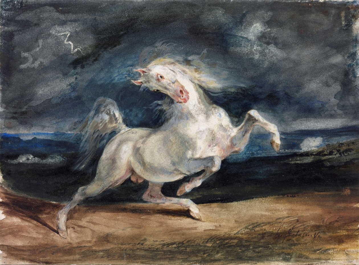 Hest skremt av lynet - Hest skremt av lynet - Delacroix, Eugene (1798-1863) - 1825-1829 - Akvarell, Gouache på papir - 23,6x32 - Szepmuveszeti Muzeum, Budapest av Ferdinand Victor Eugene Delacroix