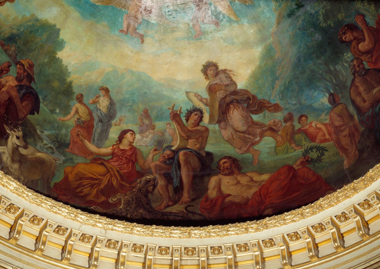 Nedstigning til Limbes: "" Orphee, Sapho (Sappho) til venstre og en muse"" Detalj av maleriet av Eugene Delacroix (1798-1863) som dekorerer kuppelen til senatets bibliotheque, ca. 1845. Palais du Luxembourg, Paris av Ferdinand Victor Eugene Delacroix