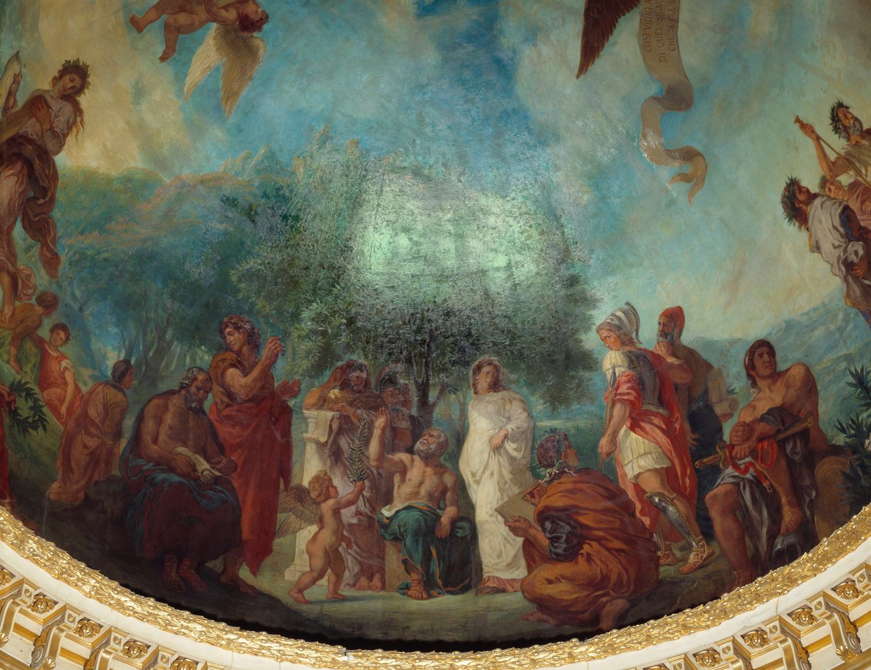 Nedstigning til Limbes: gruppen av berømte: fra venstre til høyre, Demosthene (sittende), Xenophon, Platon og Sokrates, Aspasie (hvit), Apelle, Alexander den store, Aristoteles og Achilles sittende. Maleri av Eugene Delacroix (1798-1863) som dekorerer kupp av Ferdinand Victor Eugene Delacroix