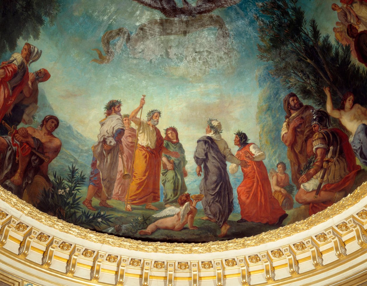 Nedstigning til limbo: "" Den greske poeten Homere, omgitt av poetene Ovid, Stace og Horace, ønsker Dante velkommen brakt av Vergil. Pyrrhus, iført våpnene sine, ledsager Hannibal"" Detalj av maleriet av Eugene Delacroix (1798-1863) som dekorerer kuppelen  av Ferdinand Victor Eugene Delacroix