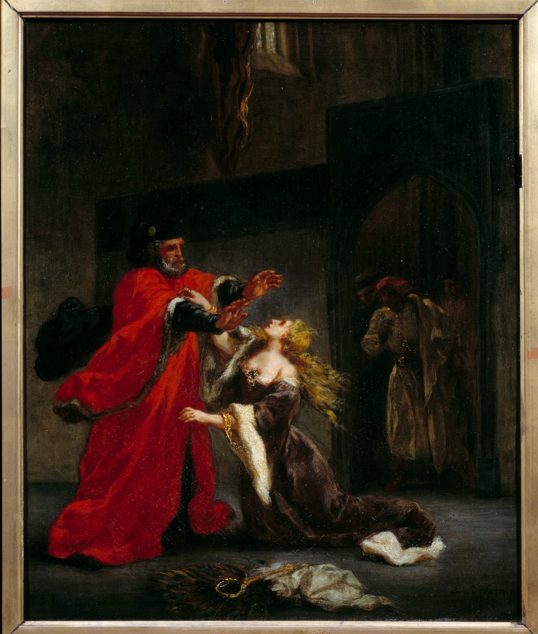Desdemone forbannet av faren (Brabantio). Illustrasjon av William Shakespeares skuespill "Othello or the Moor of Venice"". Maleri av Eugene Delacroix (1798-1863) av Ferdinand Victor Eugene Delacroix