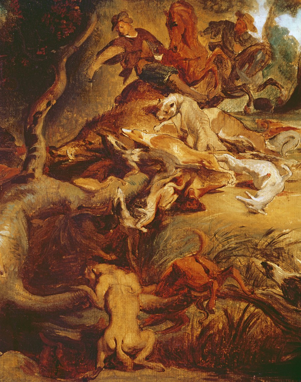 Detalj av villsvinjakten, etter et maleri av Rubens, ca. 1840-50 (se 203232) av Ferdinand Victor Eugene Delacroix