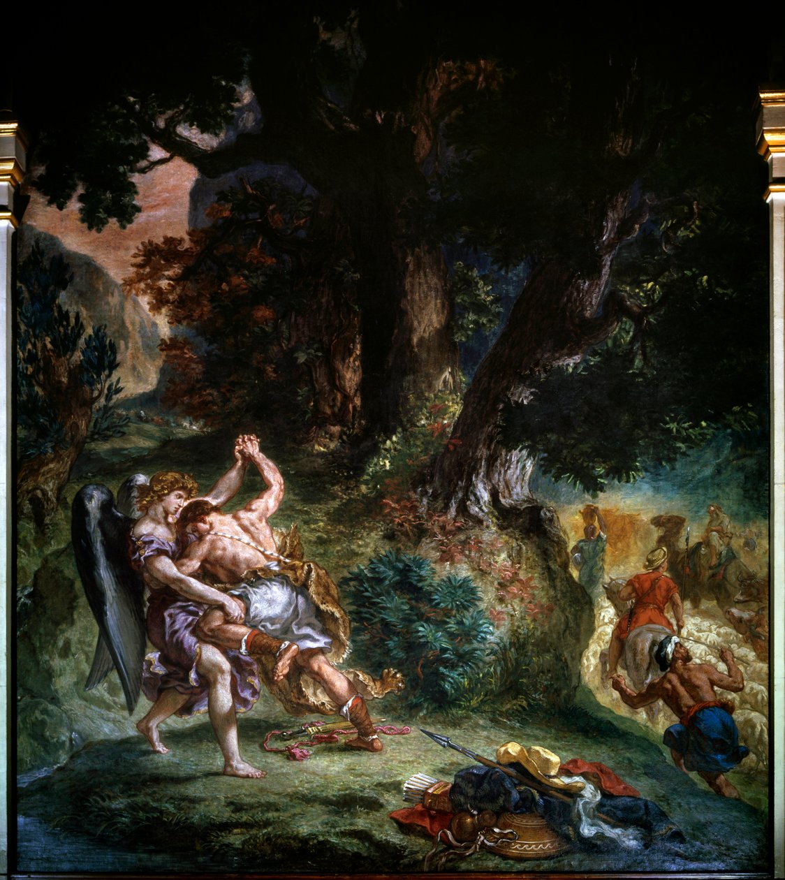 Kamp mellom Jakob og engelen detalj fra 1860: Maleri av Eugene Delacroix (1798-1863) Church Saint Sulpice Paris. av Ferdinand Victor Eugene Delacroix