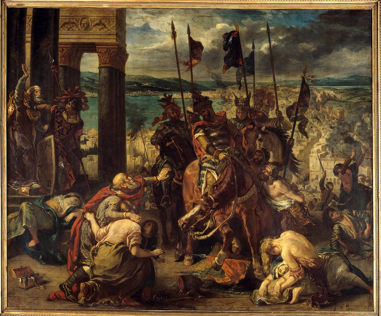 Fjerde korstog: "" Erobringen av Konstantinopel av korsene den 12/04/1204"" Inn i byen, av Baudouin IX av Flandern (eller Baudouin VI av Hainaut) kjent som Baudouin 1. av Konstantinopel (1171-1206), kommandør for korstogene og Doge Henri Dandolo av Ferdinand Victor Eugene Delacroix