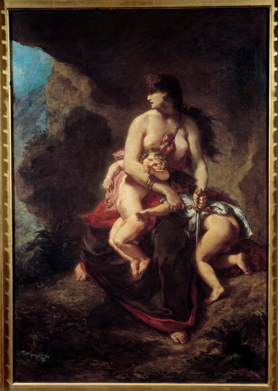 Rasende Medee Medee myrder sine to barn i en hule. Maleri av Eugene Delacroix (1798-1863) av Ferdinand Victor Eugene Delacroix