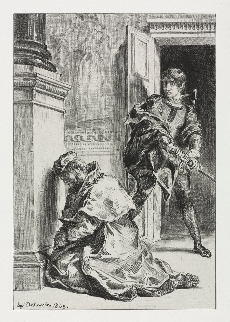 Hamlet: Hamlet forsøker å drepe kongen, 1843. av Ferdinand Victor Eugene Delacroix