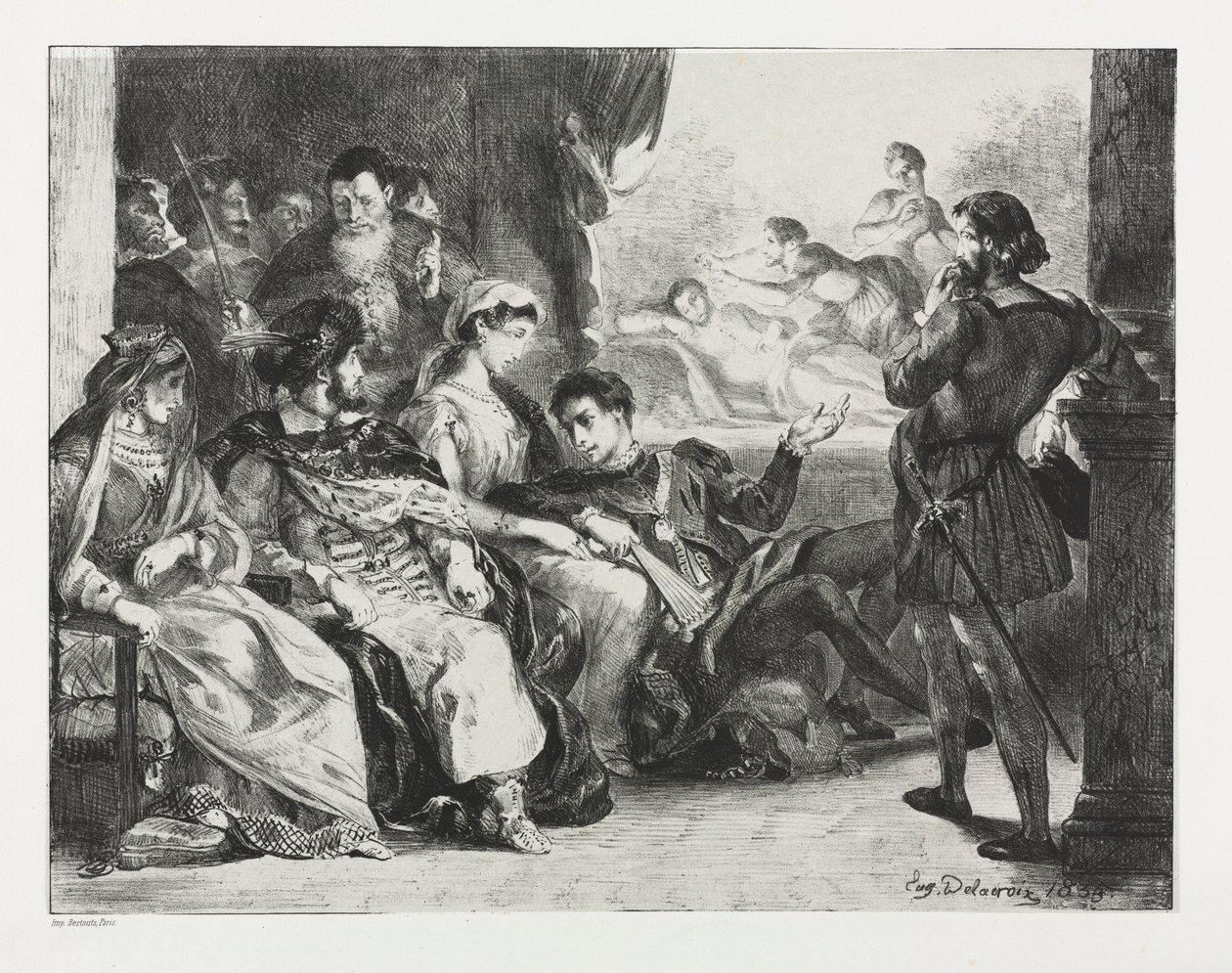 Hamlet: Hamlet befaler skuespillerne å gjøre en scene fra farens forgiftning, 1834. av Ferdinand Victor Eugene Delacroix