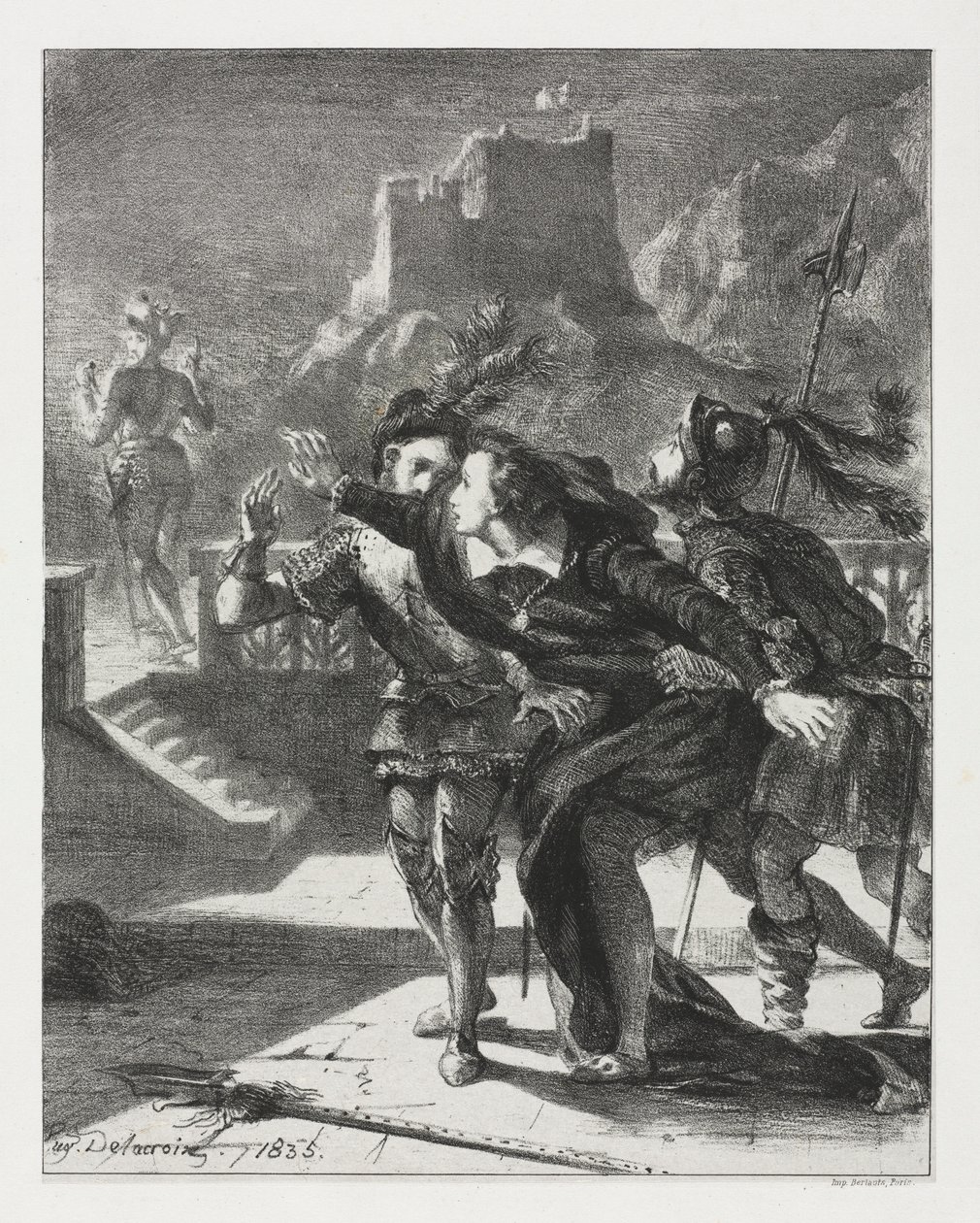 Hamlet: Hamlet skynder seg å følge sin fars spøkelse, 1835. av Ferdinand Victor Eugene Delacroix