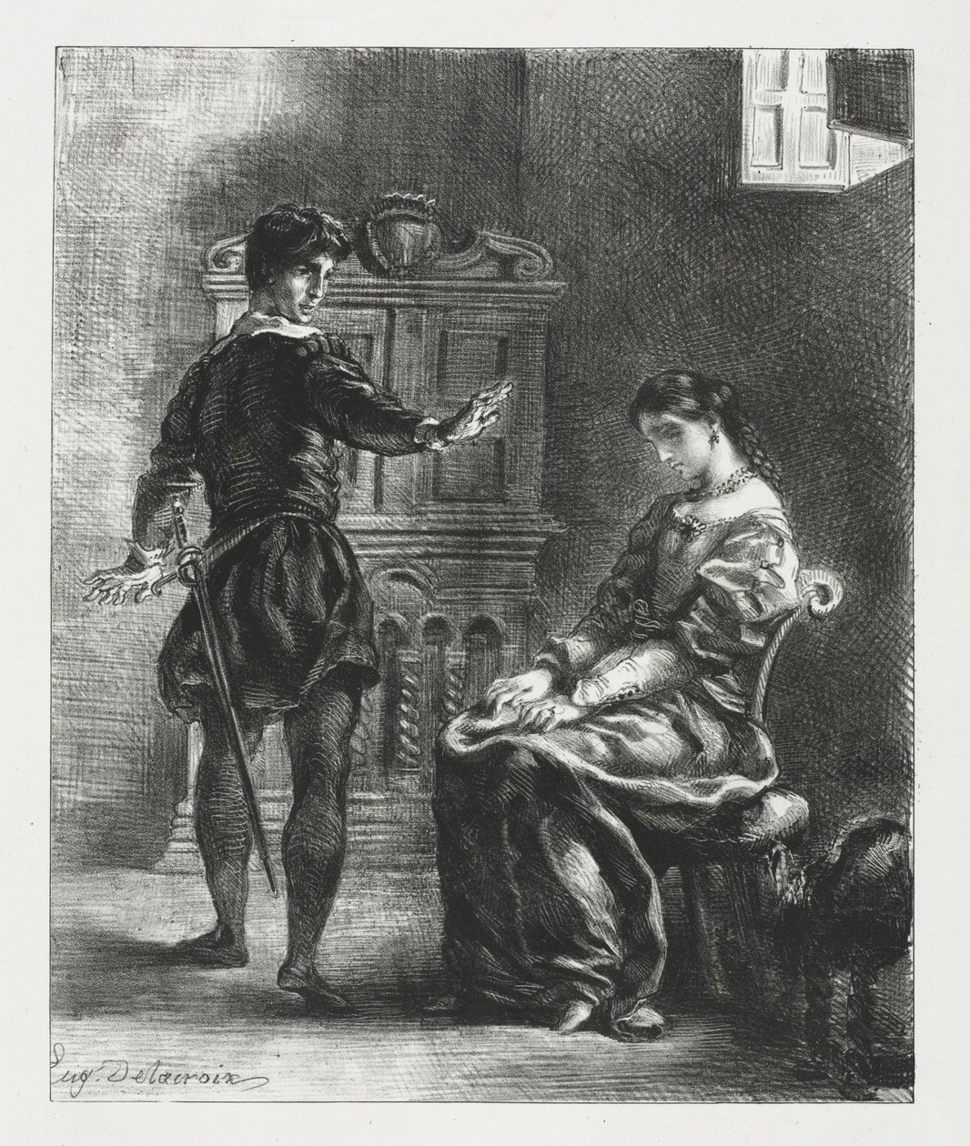 Hamlet: Hamlet og Ophelia, 1834. av Ferdinand Victor Eugene Delacroix