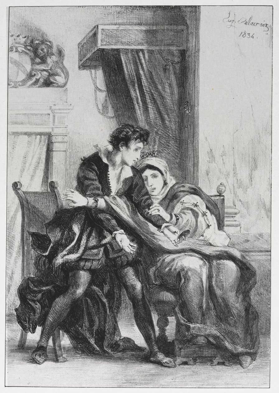 Hamlet: Hamlet og dronningen, 1834. av Ferdinand Victor Eugene Delacroix