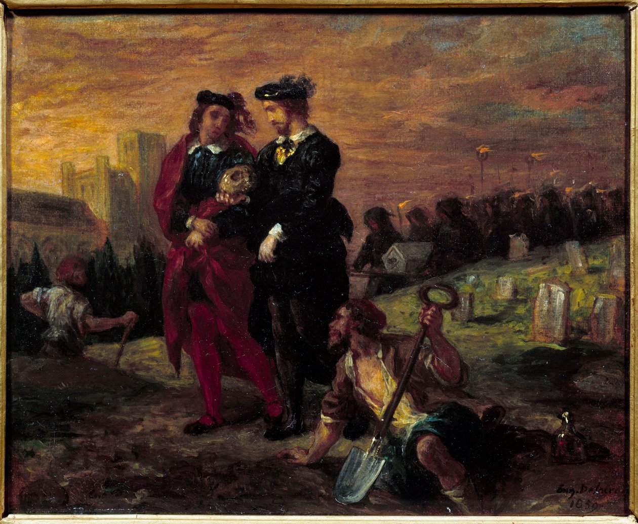 Hamlet og Horatio på kirkegården. Akt V av William Shakespeares skuespill "Hamlet". Maleri av Eugene Delacroix (1798-1863) Ec. Fr. av Ferdinand Victor Eugene Delacroix