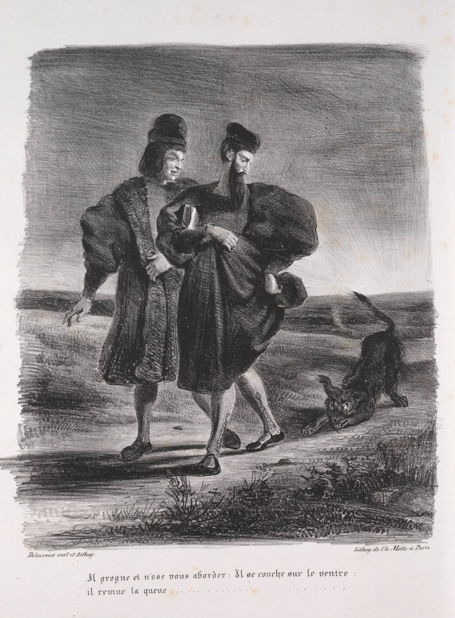 Illustrasjoner for Faust: Faust, Méphistophélès and the barbet, 1828. av Ferdinand Victor Eugene Delacroix