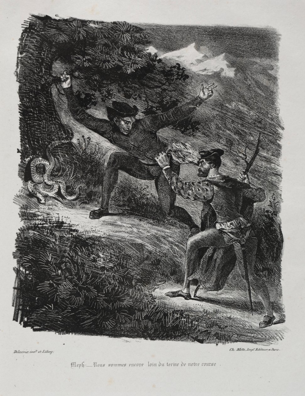 Illustrasjoner for Faust: Faust og Méphistophélés i fjellene i Hartz, 1828. av Ferdinand Victor Eugene Delacroix