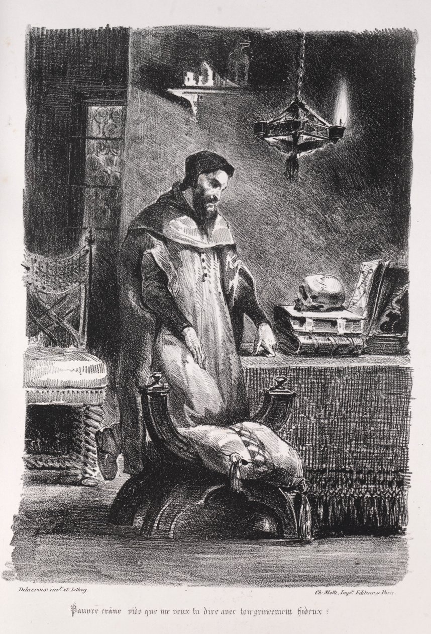 Illustrasjoner for Faust: Faust i garderoben hans, 1828. av Ferdinand Victor Eugene Delacroix