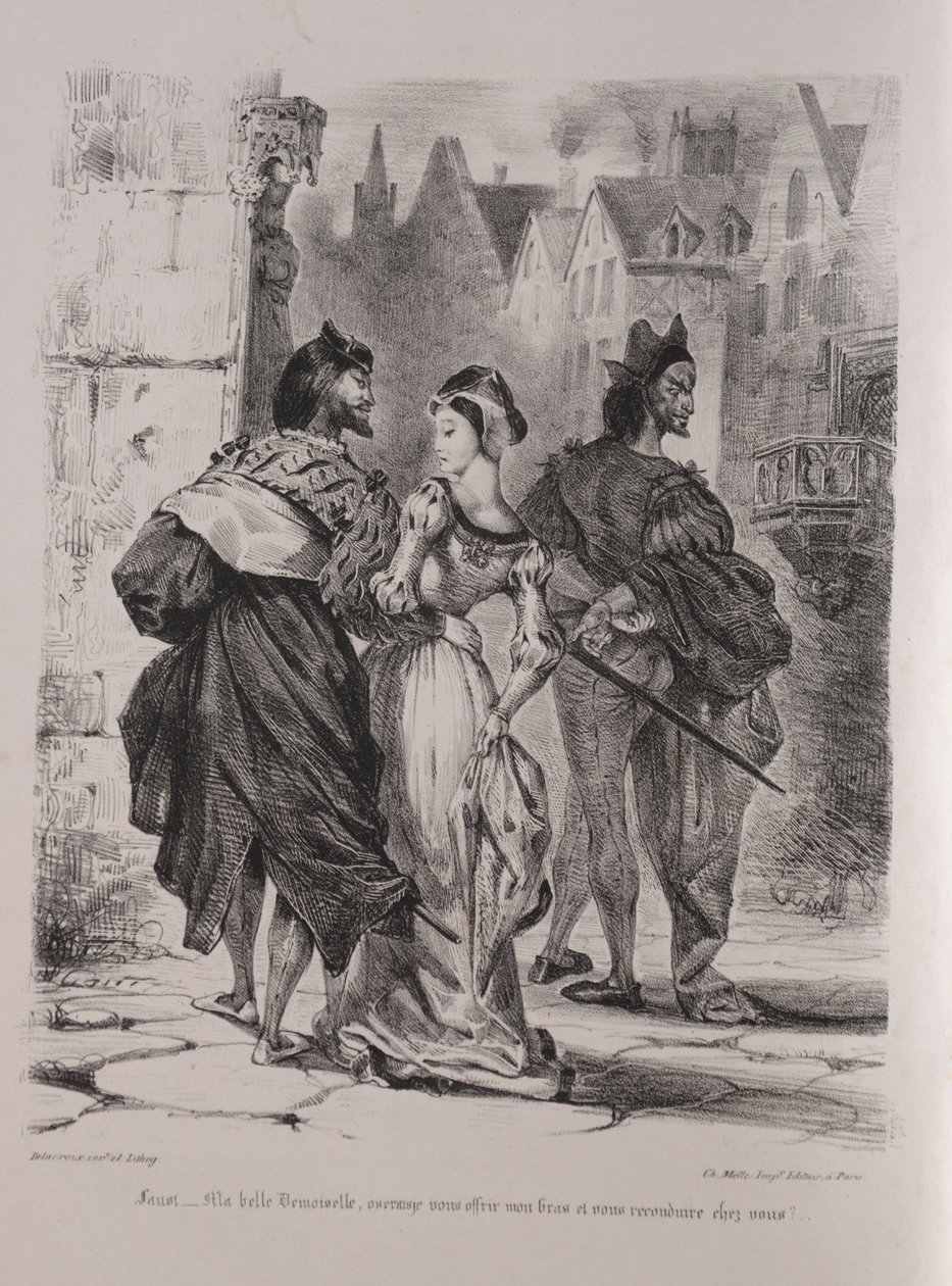 Illustrasjoner for Faust: Faust søker å lokke Marguerite, 1828. av Ferdinand Victor Eugene Delacroix