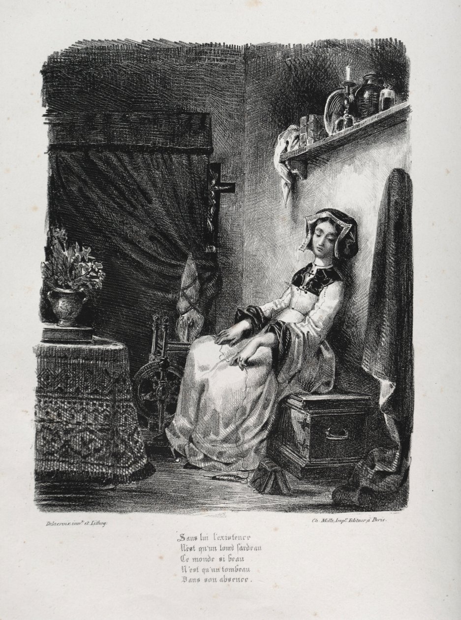 Illustrasjoner for Faust: Marguerite med hjulet, 1828. av Ferdinand Victor Eugene Delacroix