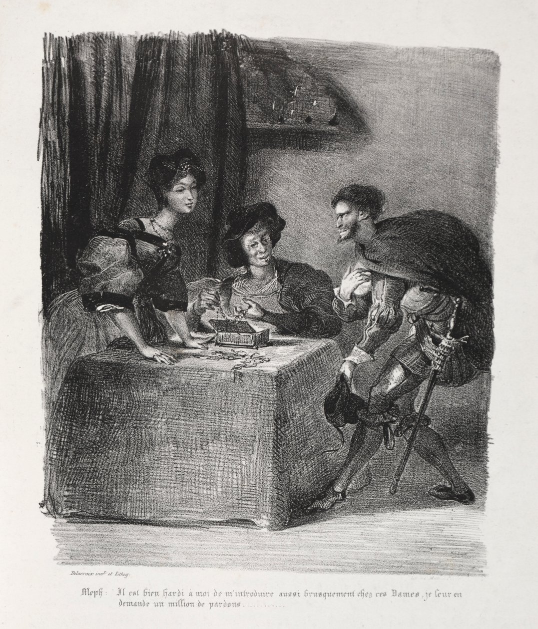 Illustrasjoner for Faust: Méphistophelés er i Marthe, 1828. av Ferdinand Victor Eugene Delacroix