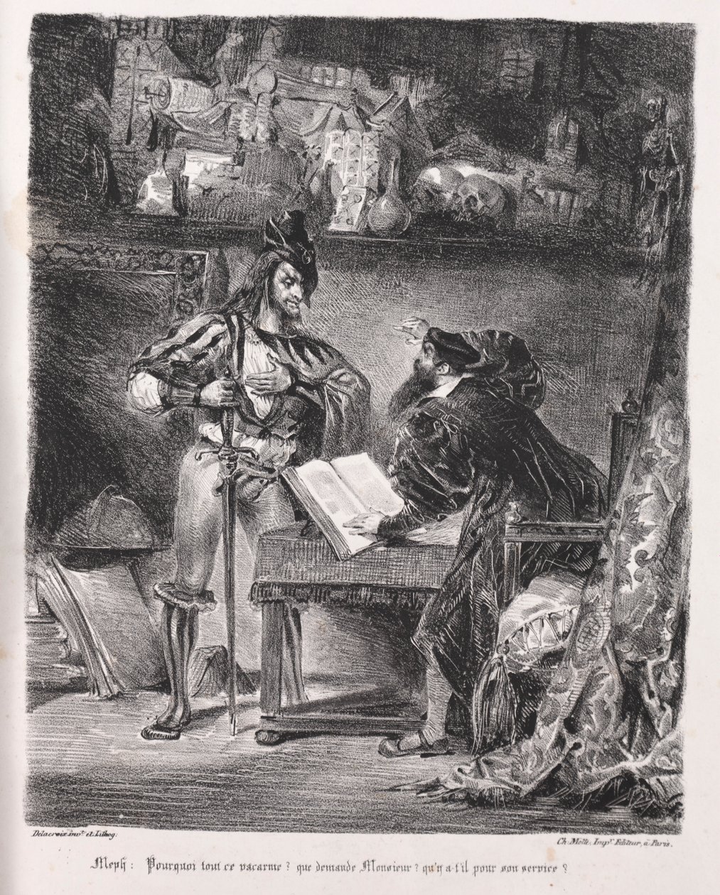 Illustrasjoner for Faust: Méphistophélés besøker Faust, 1828. av Ferdinand Victor Eugene Delacroix