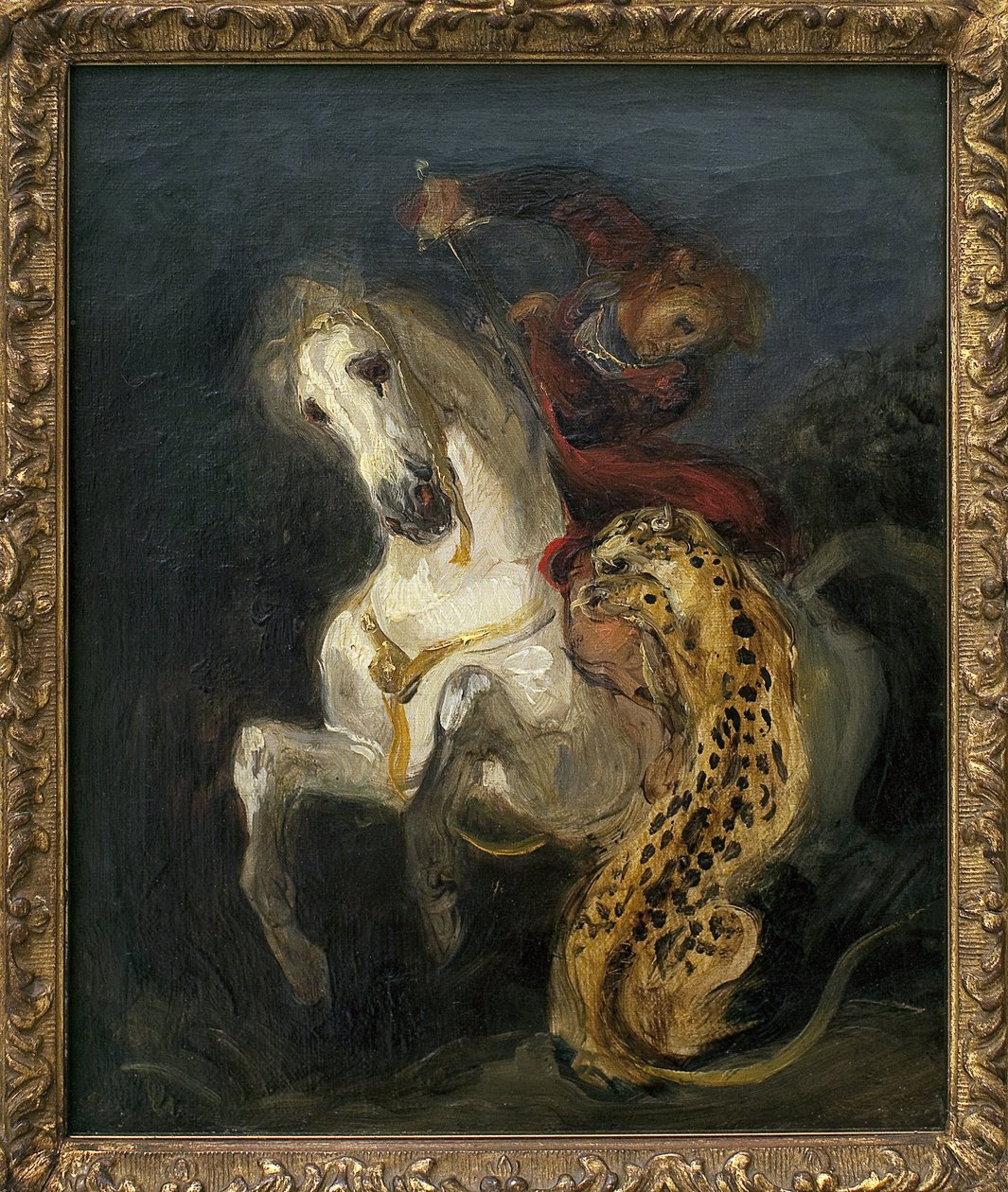 Jaguar angriper en rytter. Maleri av Eugene Delacroix (1798-1863), Olje på lerret av Ferdinand Victor Eugene Delacroix