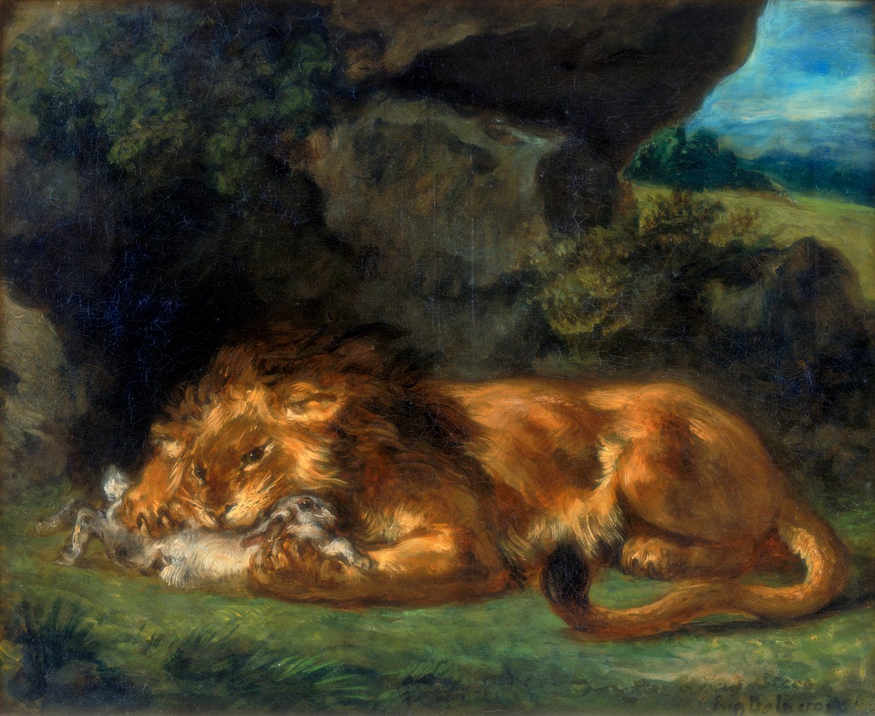 Løve fortærer en kanin, 1800-tallet av Ferdinand Victor Eugene Delacroix