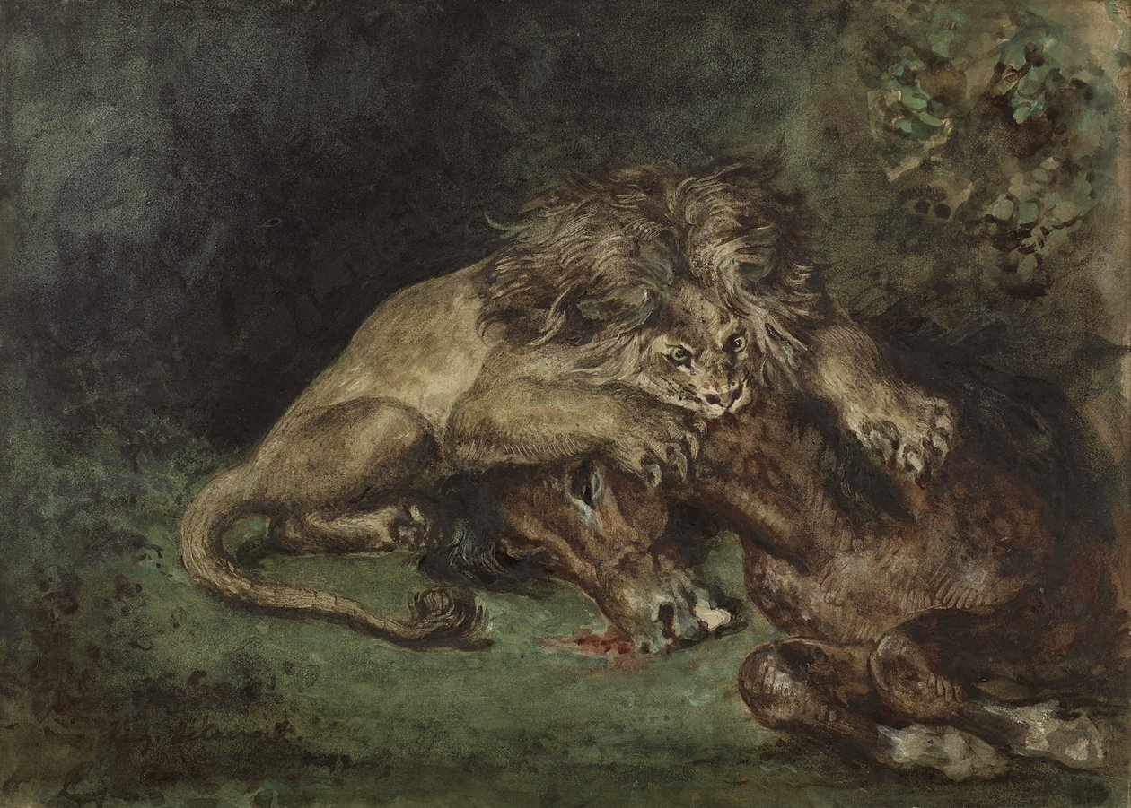 Lion dévorant un cheval (Løve som sluker en hest), ca. 1844 (akvarell, kroppsfarge og gummi arabisk med grafitt på papir, montert på brett) av Ferdinand Victor Eugene Delacroix