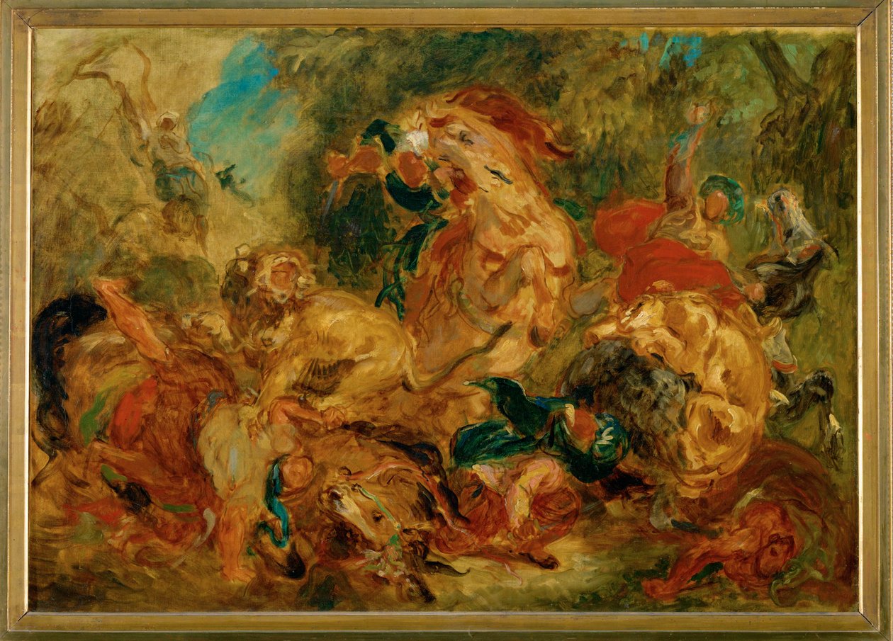 Løvejakt (maleri på lerret) av Ferdinand Victor Eugene Delacroix