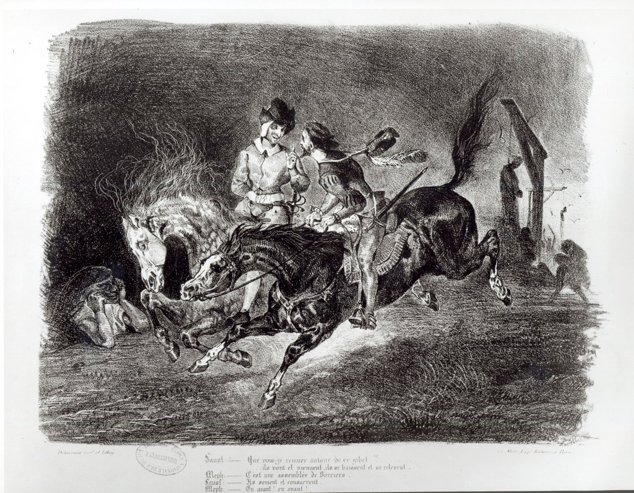 Mephistopheles og Faust rider i natten, illustrasjon for Faust av Goethe, 1828 av Ferdinand Victor Eugene Delacroix