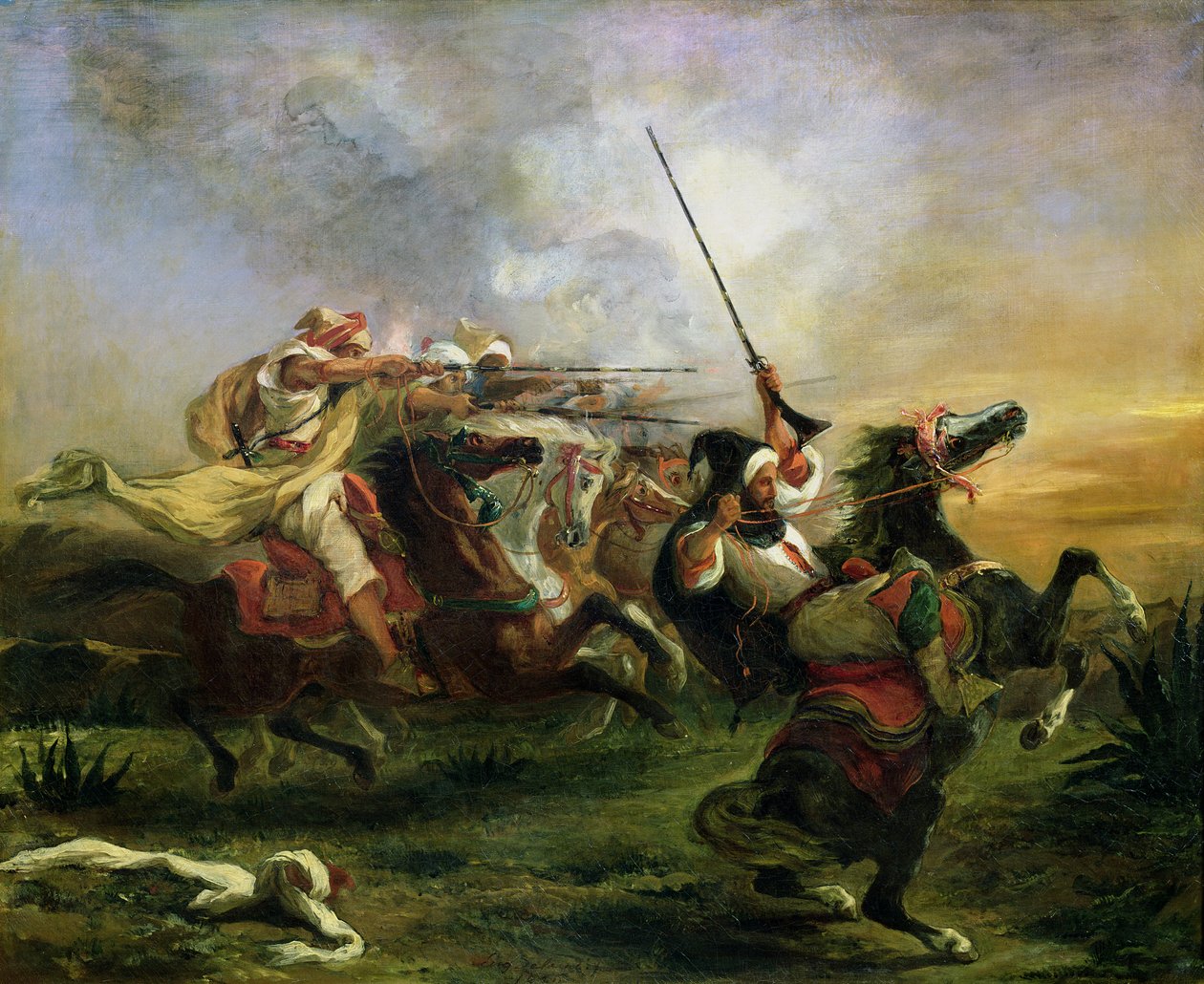 Marokkanske ryttere i militær aksjon, 1832 av Ferdinand Victor Eugene Delacroix