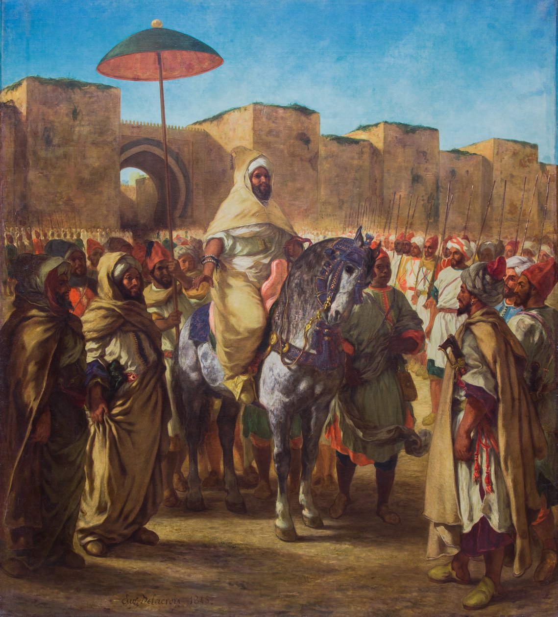 Moulay Abd-er-Rahman, sultanen av Marokko, forlater palasset sitt i Meknes omgitt av sin garde og sine fremste offiserer, 1845 (olje på lerret) av Ferdinand Victor Eugene Delacroix