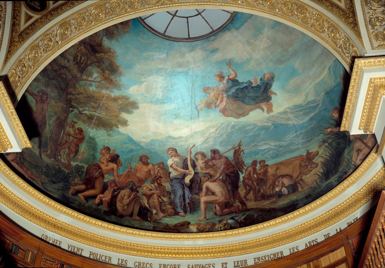 Orphee kommer for å politi de fortsatt ville grekerne og undervise i fredens kunst Fresco av Eugene Delacroix (1798-1863) dekorere kuppelen til nasjonalforsamlingens bibliotek (Palais Bourbon) 1843 Paris av Ferdinand Victor Eugene Delacroix