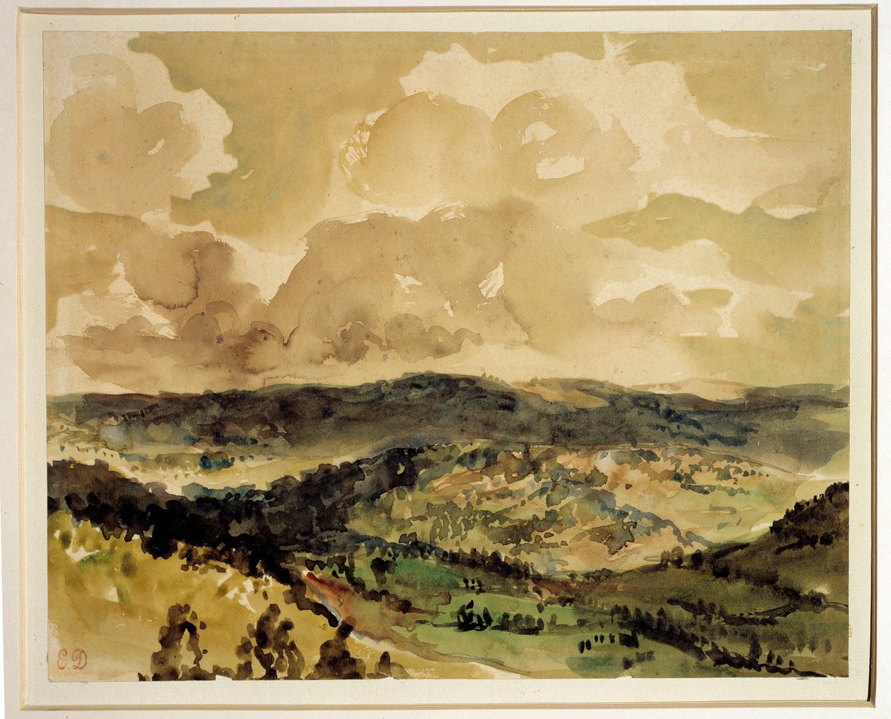 Panoramautsikt over skogkledde åser rundt Croze Akvarell av Eugene Delacroix (1798-1863) Rundt 1855 Søn. 0,21 x 0,26 m Paris. Museet Louvre av Ferdinand Victor Eugene Delacroix