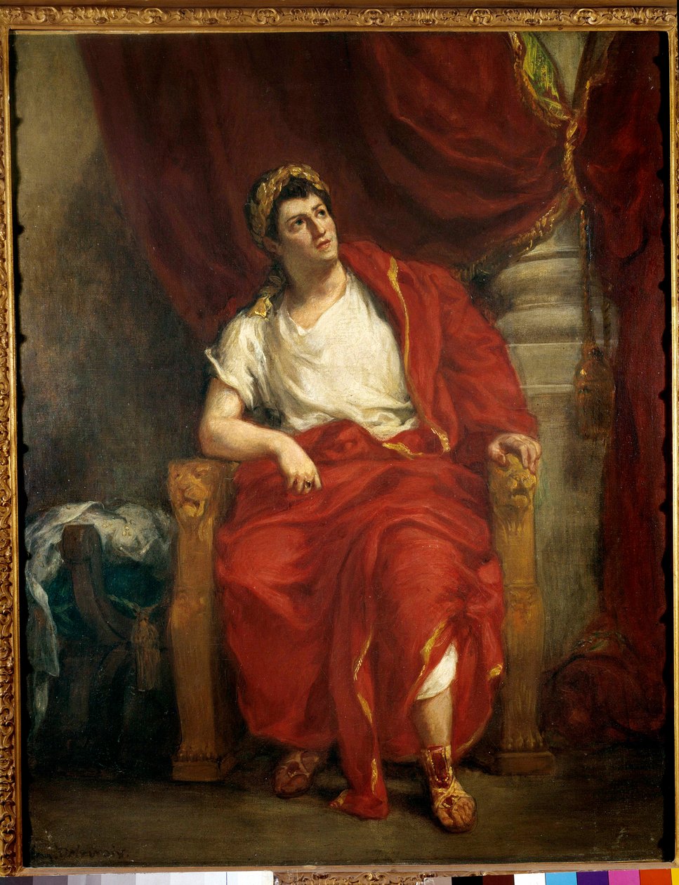 Portrett av komiker Francois-Joseph (Francois Joseph) Talma (1763-1826) som tolker Nero i stykket Britannicus""" av Jean Racine"" Maleri av Eugene Delacroix (1798-1863) 1853 Dim. 0,92 x 0,73 m Paris, fransk komedie av Ferdinand Victor Eugene Delacroix