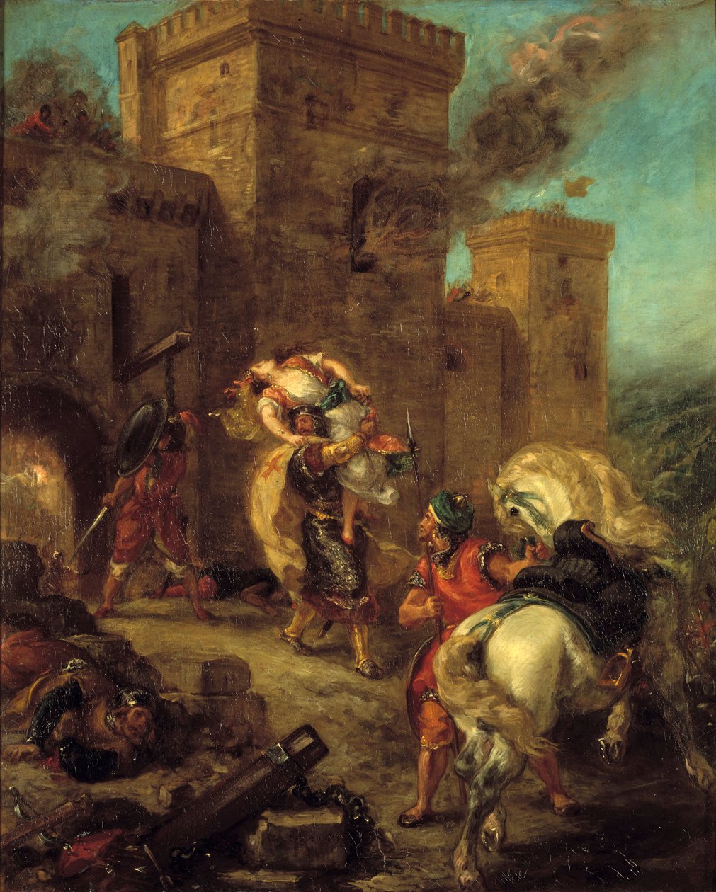 Rebecca tok av ved Templaren under posen til slottet Frondeboeuf. Fra Scott Walters bok "Ivanhoe". Maleri av Eugene Delacroix (1798-1863) av Ferdinand Victor Eugene Delacroix