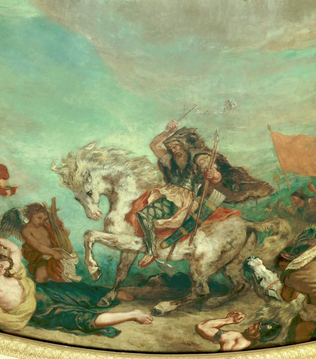 Representasjon av Attila (395-453) konge av stammen Huns Detalj av en fresco av Eugene Delacroix (1798-1863) som dekorerer kuppelen til biblioteket til nasjonalforsamlingen (Palais Bourbon) 1843 Paris av Ferdinand Victor Eugene Delacroix