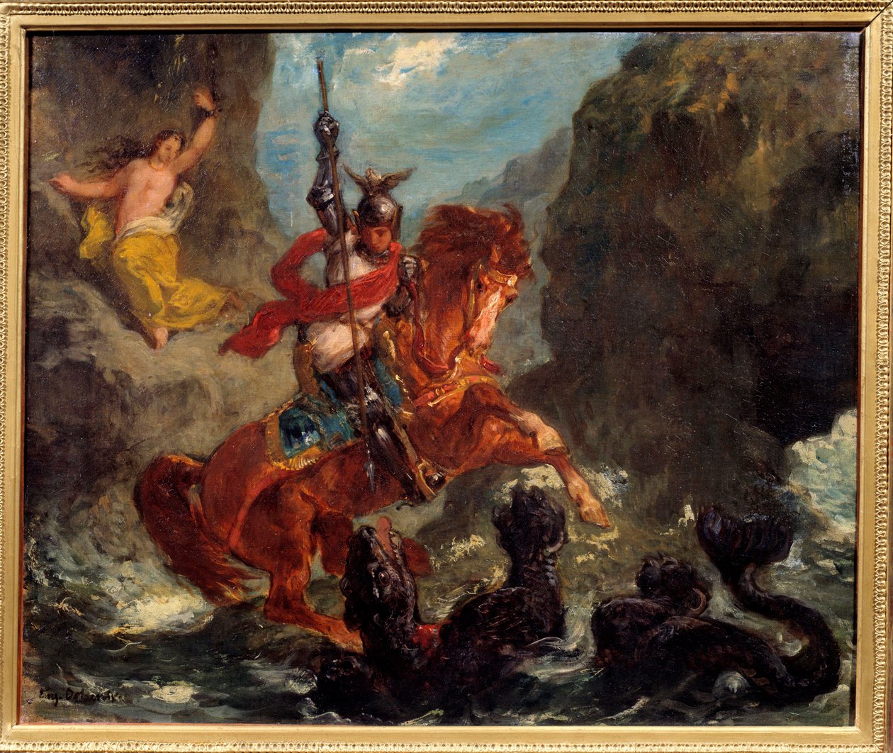 Roger delivrant Angelique (Angelica) levert til et monster av pirater blir befridd av Roger (Ruggero, Ruggiero) rir på en hippogriffe - Illustrasjon for "The Furious Roland"" (Orlando Furioso) av Ludovic Ariosto (Arioste) - Maleri av Eugene Delacroix ( av Ferdinand Victor Eugene Delacroix