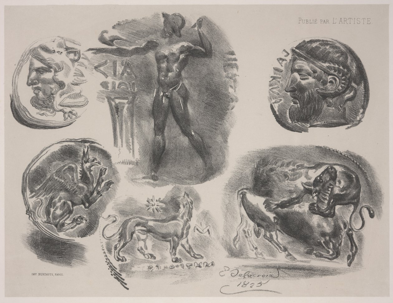 Ark med seks eldgamle medaljer av Ferdinand Victor Eugene Delacroix