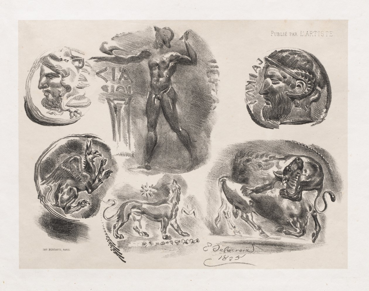 Ark med seks antikke mynter, 1825. av Ferdinand Victor Eugene Delacroix