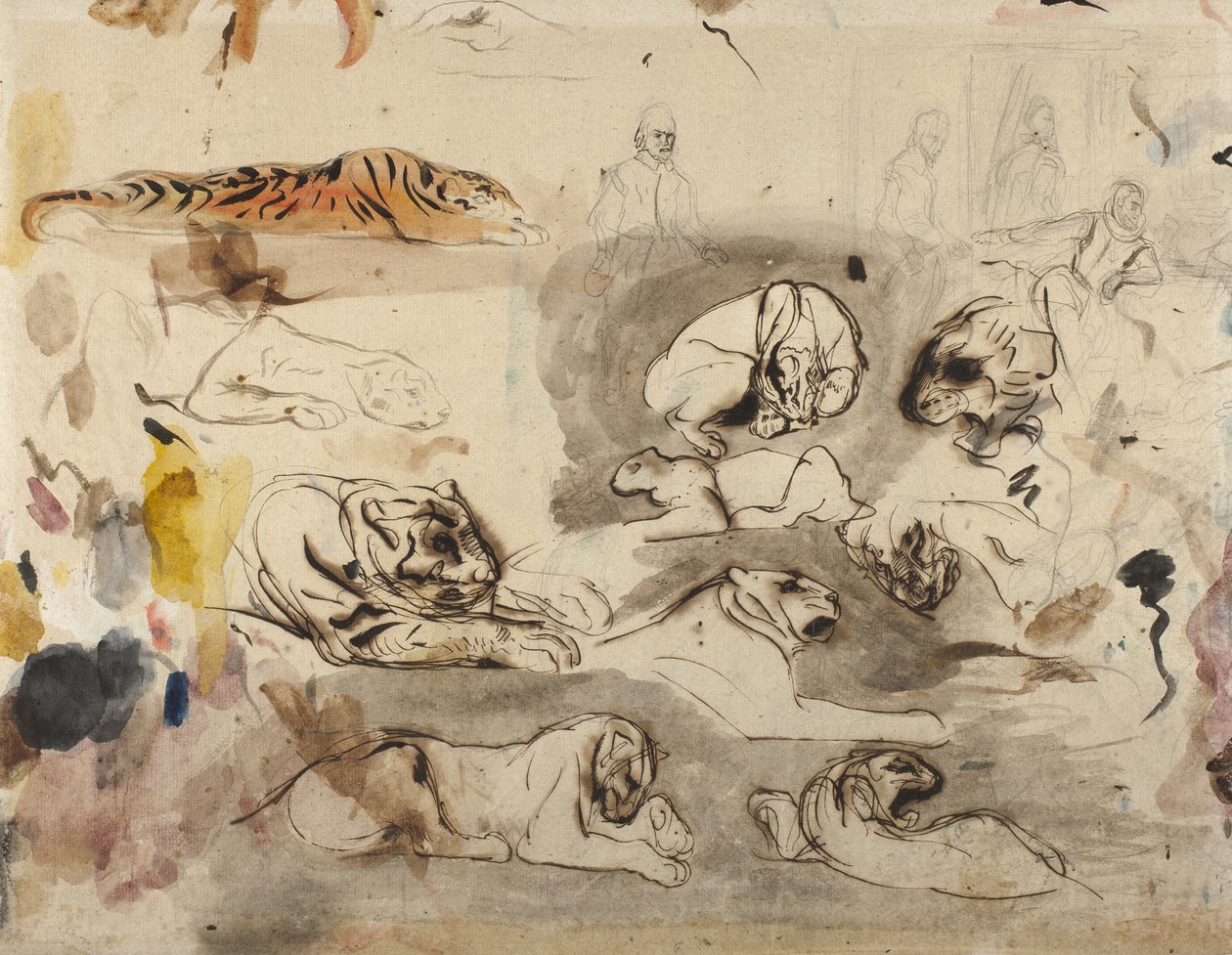 Skisser av tigre og menn i 1500-tallsdrakt, 1828-29 av Ferdinand Victor Eugene Delacroix