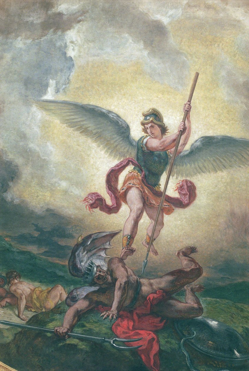 St. Michael kjemper mot dragen, detalj, chapelle des Saints-Anges 1849-1861 (olje og voks på gips) av Ferdinand Victor Eugene Delacroix
