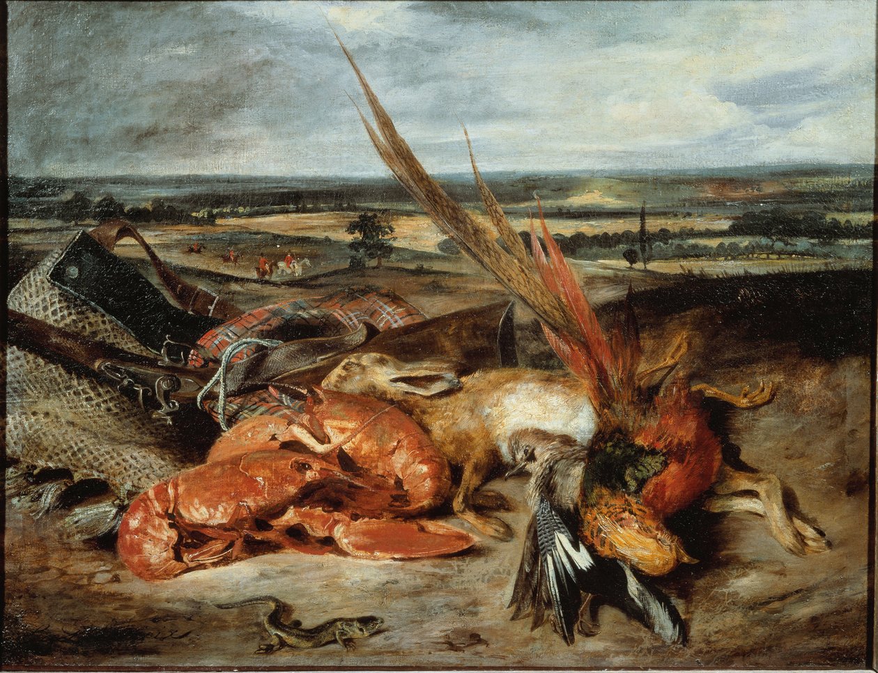 Stilleben med hummer og trofeer for jakt og fiske - olje på lerret av Ferdinand Victor Eugene Delacroix
