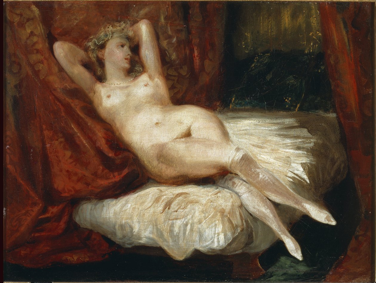 Studie av naken kvinne liggende på en sofa sa kvinnen med hvite strømper - olje på lerret av Ferdinand Victor Eugene Delacroix